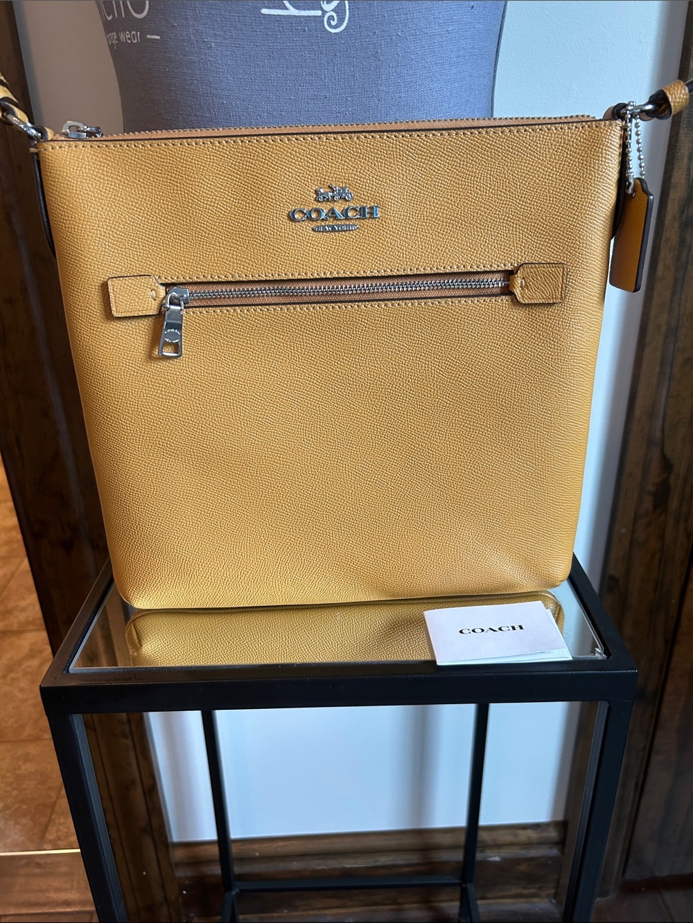 Coach Yellow Textured Leather Crossbody Bag with Silver Hardware